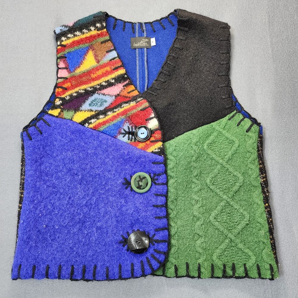 Vintage Baabaazuzu Womens Vest Medium Wool Colorful Art to Wear Aztec Tribal USA